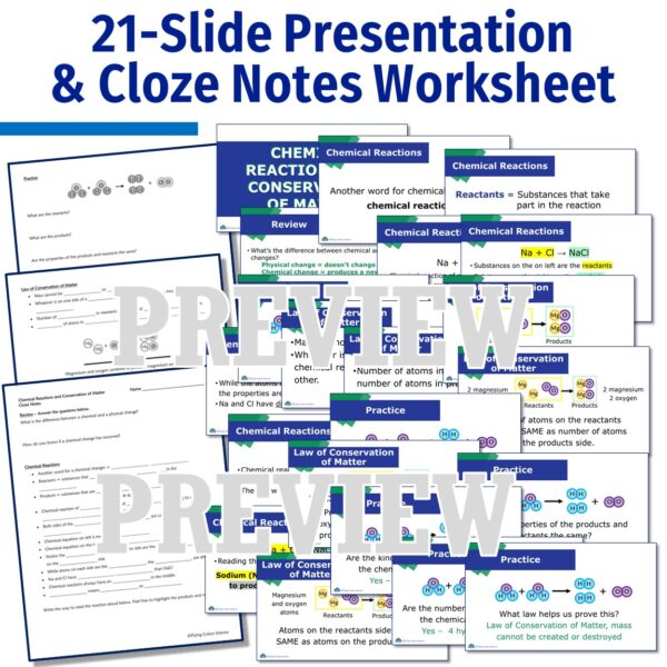 Chemical Reactions Presentation with Cloze Notes Worksheet - Flying ...