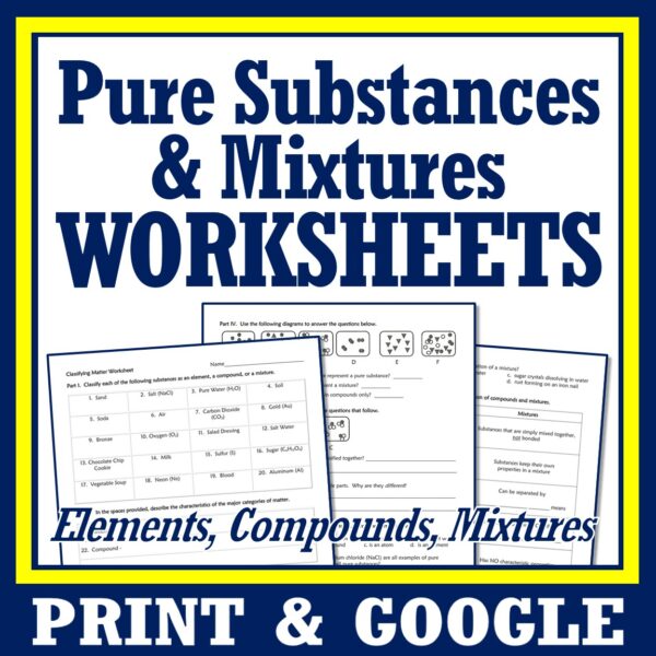 Classification of Matter Worksheet: Pure Substances and Mixtures Review ...