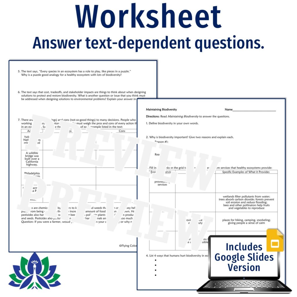 Maintaining Biodiversity Reading and Worksheet - Flying Colors Science