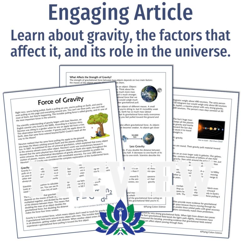 Force of Gravity Reading and Worksheet - Flying Colors Science