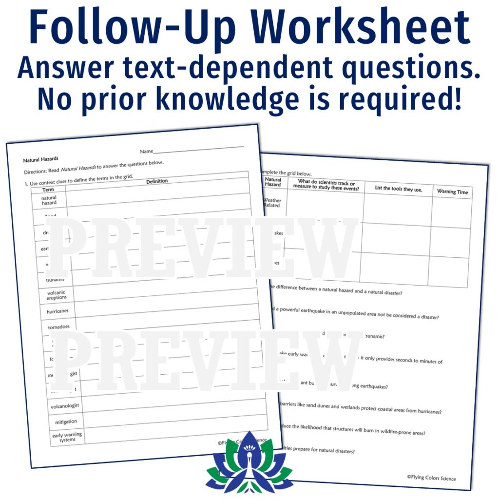 Natural Hazards Reading and Worksheet - Flying Colors Science