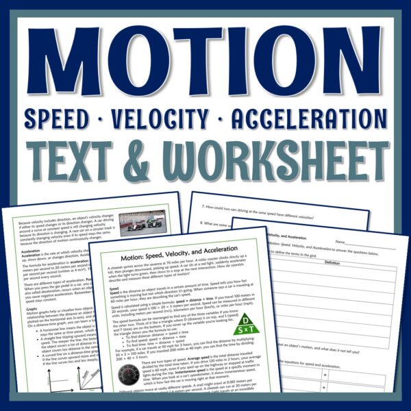 Motion Reading and Worksheet (with Speed, Velocity, and Acceleration ...